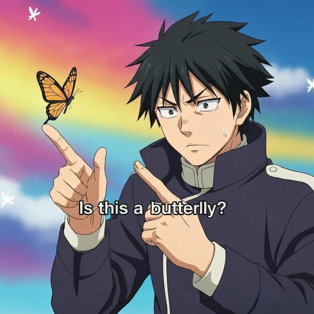 Anime character Yutaro Katori pointing at a butterfly, representing the 'Is this a butterfly?' meme, capturing confusion and humor