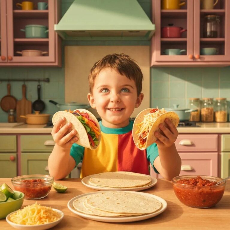Child presenting taco options in a lively kitchen, representing the 'why not both' meme
