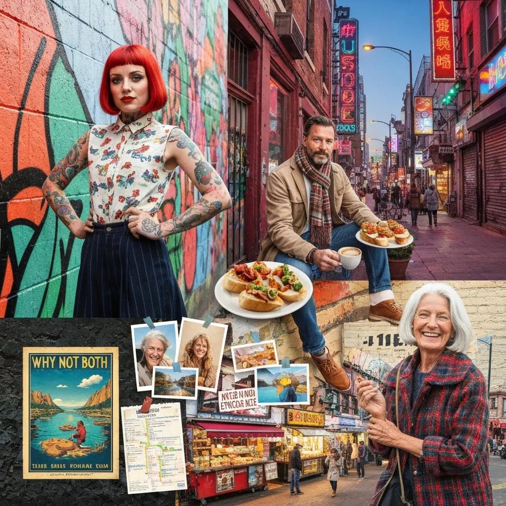 Collage of mixed fashion, blended travel plans, and fusion dishes — the 'why not both' approach in modern life