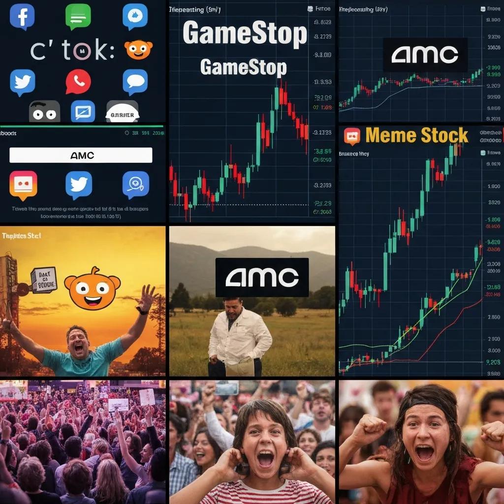 Collage of GameStop and AMC moments with social icons and stock charts