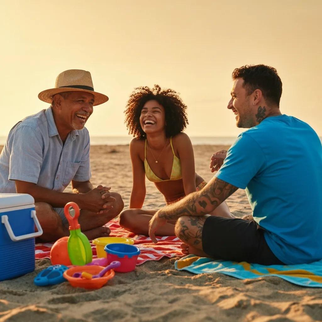 Group of friends enjoying a sunset at the beach, embodying summer romance and nostalgia