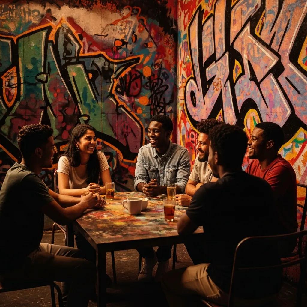 Group of young adults discussing meme stocks in a cozy living room, surrounded by laptops and smartphones