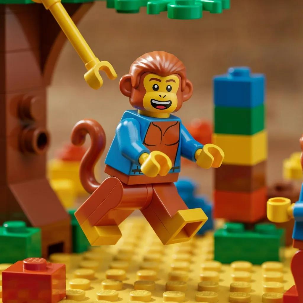 Close-up of Lego piece 2550c01: brown monkey with yellow hands and feet among colorful bricks