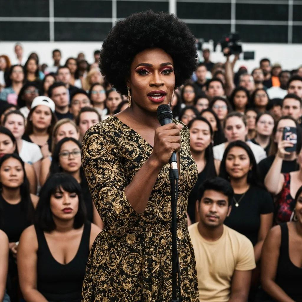 An LGBTQ+ activist speaking at a rally, surrounded by supporters holding equality signs, symbolizing the ongoing fight for rights