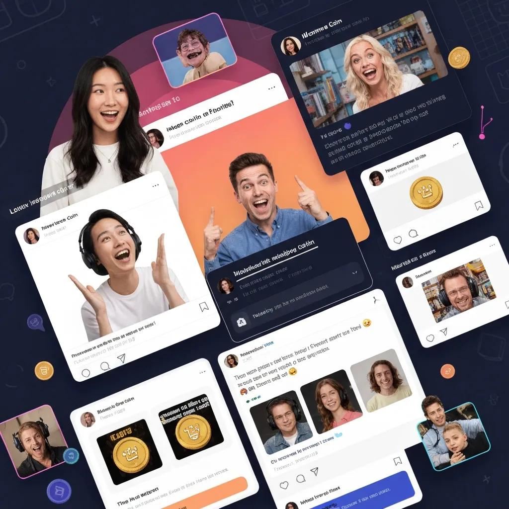 Colorful social campaign visuals for a meme coin launch showing community engagement
